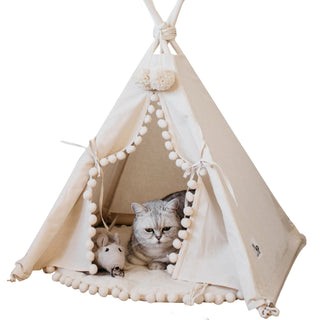 MINICAMP Cat Teepee & Small Dog Tent in Ecru with Pompoms