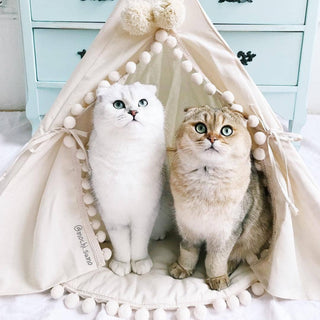 MINICAMP Stylish Cat Tipi Bed & Small Dog Tent in Ecru with Pompoms