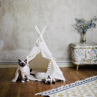 MINICAMP Cat Teepee & Small Dog Tent in Ecru with Pompoms – Size S