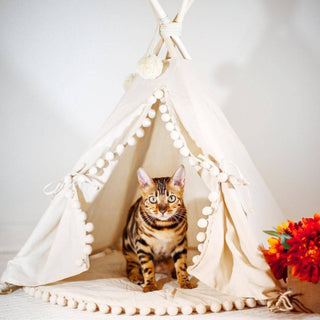 MINICAMP Best Cat Teepee & Small Dog Tent in Ecru with Pompoms
