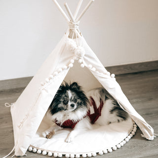 MINICAMP Dog Teepee & Large Cat Tent in Ecru with Pompoms 