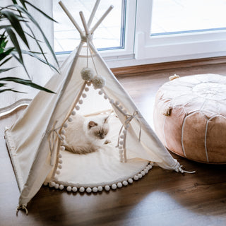 MINICAMP Dog Teepee & Large Cat Tent in Ecru with Pompom