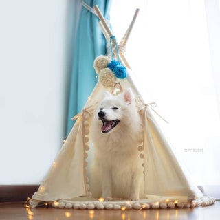 MINICAMP Dog Teepee & Large Cat Tent in Ecru with Pompoms – Size M