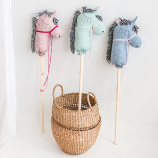 MINICAMP Unicorn Hobby Horse Stick Toy – Handmade Linen Ride-On Toy in Pink with Dots