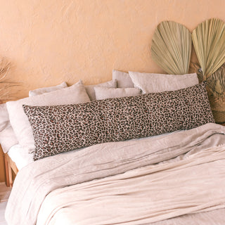 MINICAMP Long Body Support Pillow for Sleeping in Natural Linen with Leopard Pattern