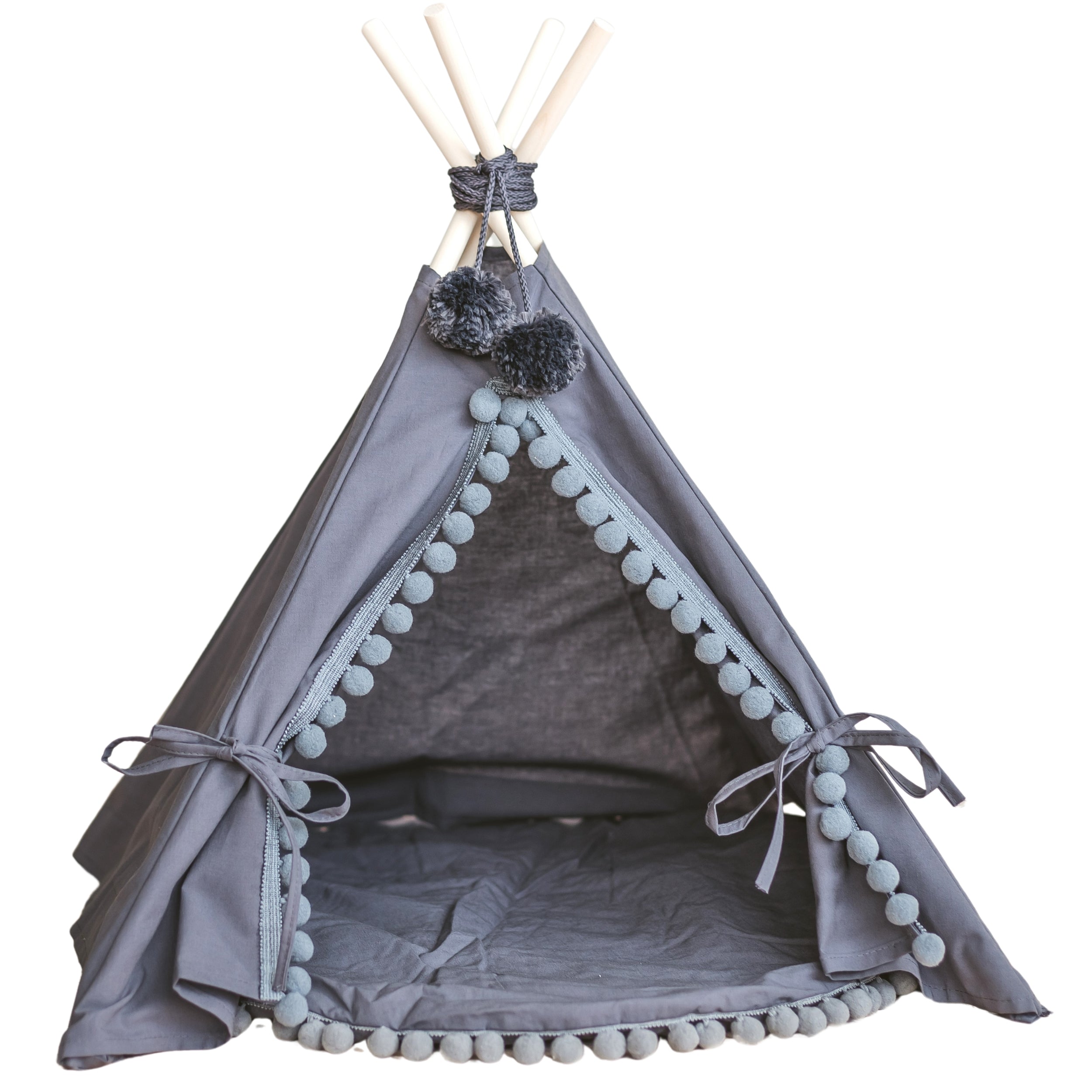 MINICAMP Teepee for Cats, Dogs & Rabbits in Grey with Pompoms – Sizes XS, S, M, L