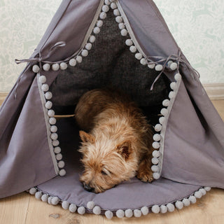 MINICAMP Teepee for Cats, Dogs & Rabbits in Grey with Pompoms – Sizes XS, S, M, L