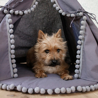 MINICAMP Teepee for Cats, Dogs & Rabbits in Grey with Pompoms – Sizes XS, S, M, L