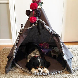 MINICAMP Teepee for Cats, Dogs & Rabbits in Grey with Pompoms – Sizes XS, S, M, L
