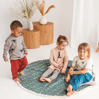 MINICAMP Floral Green Floor Mat for Children with Cotton Fringe Trim