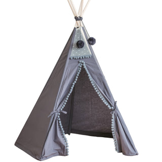 MINICAMP Grey Teepee Tent for Kids with Pom Poms