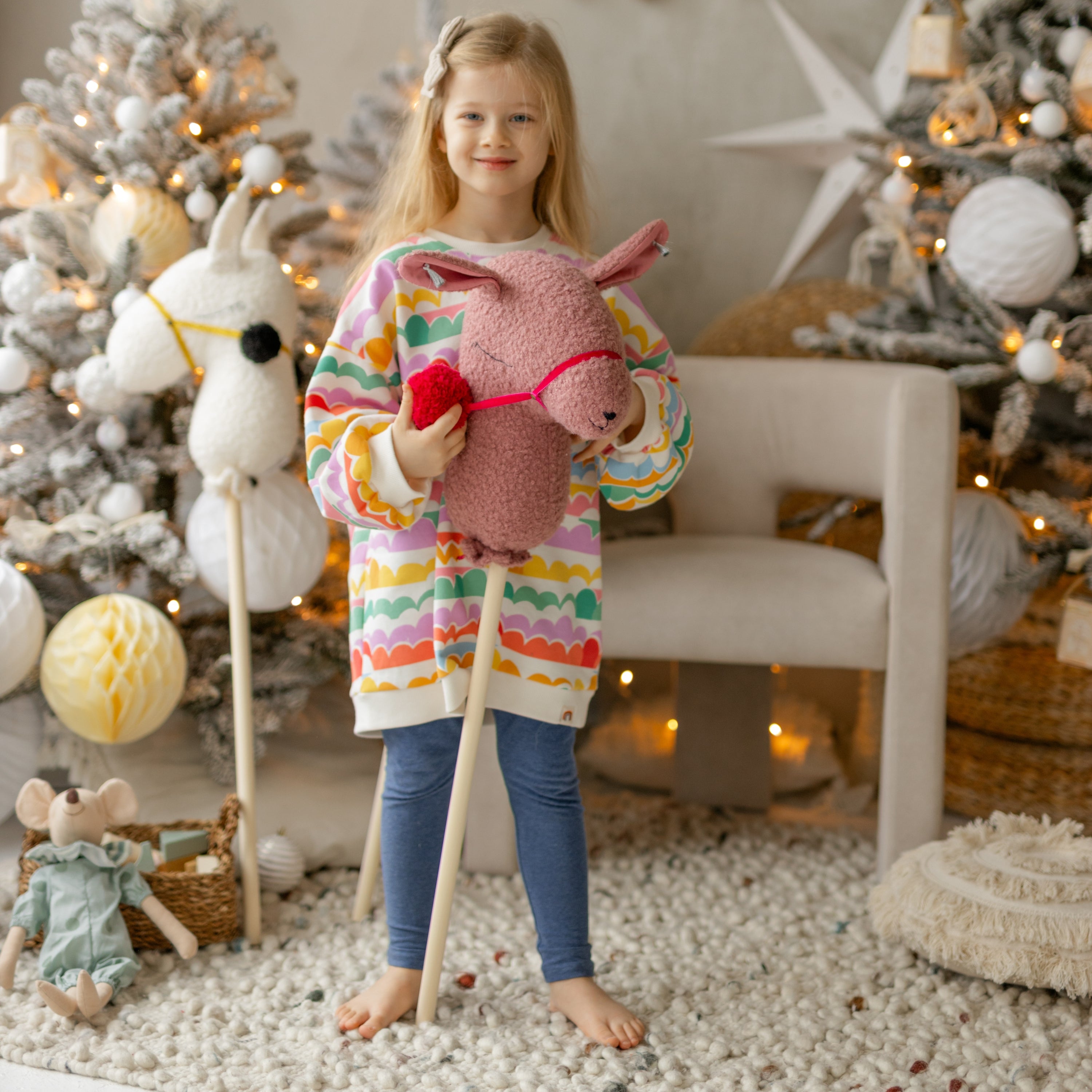 MINICAMP Handmade Llama Alpaca Hobby Horse Stick Toy from Boucle in Rose