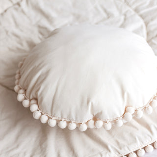 MINICAMP Throw Pillow with Grey Pom Poms in Ecru