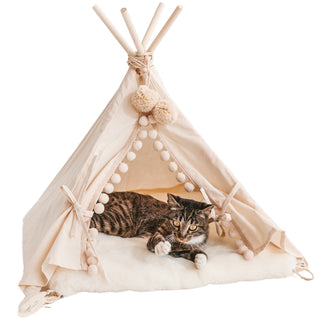 MINICAMP Teepee Tent for Cats, Dogs & Rabbits in Ecru with Faux Fur Mat – Sizes XS, S, M, L
