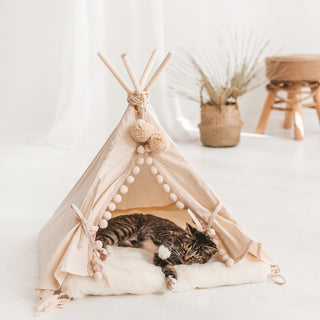 MINICAMP Teepee Tent for Cats, Dogs & Rabbits in Ecru with Faux Fur Mat – Sizes XS, S, M, L