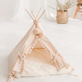 MINICAMP Teepee Tent for Cats, Dogs & Rabbits in Ecru with Faux Fur Mat – Sizes XS, S, M, L