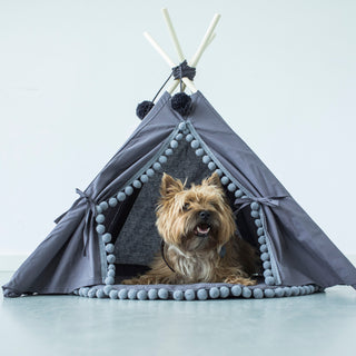 MINICAMP Teepee for Cats, Dogs & Rabbits in Grey with Pompoms – Sizes XS, S, M, L