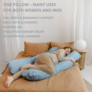 MINICAMP U-Shaped Pregnancy Pillow with Natural Sateen Cotton Cover in Stone Blue | Kapok or PES Filling