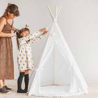 Kids Teepee Tent in Snow White with Pom Pom Decoration