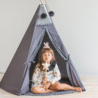 Grey Teepee Tent for Kids with Pom Poms Decor
