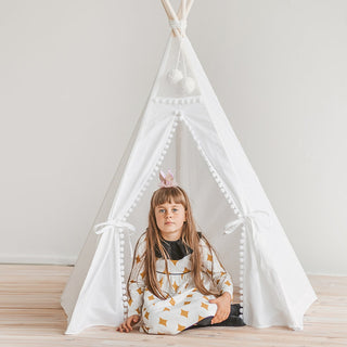 Kids Teepee Tent in Snow White with Pom Pom Decoration