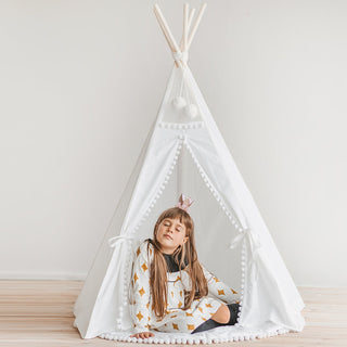 Kids Teepee Tent in Snow White with Pom Pom Decoration