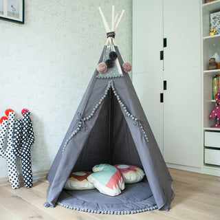 Grey Teepee Tent for Kids with Pom Poms Decor
