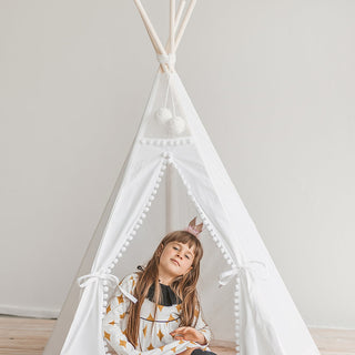 Kids Teepee Tent in Snow White with Pom Pom Decoration