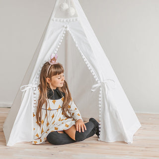 Kids Teepee Tent in Snow White with Pom Pom Decoration