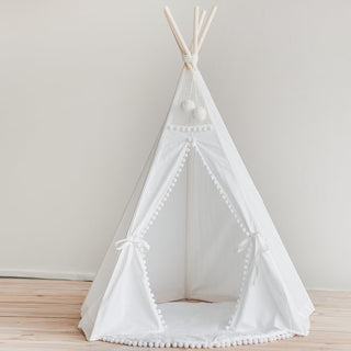 Kids Teepee Tent in Snow White with Pom Pom Decoration